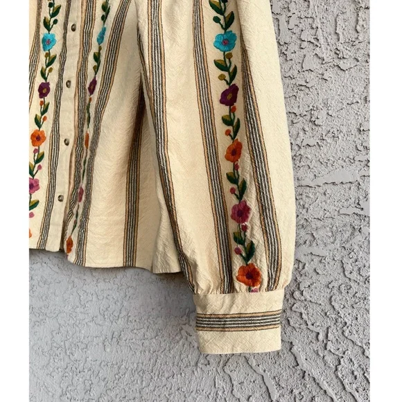 SEZANE Yellow Ecru Pink Striped Floral Embroidered Button Down Aina Blouse Shirt - Picture 11 of 16